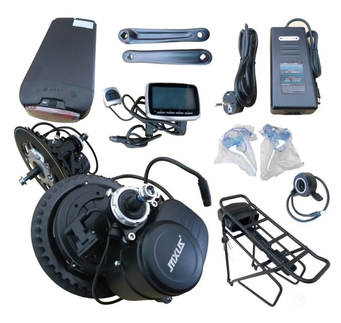 MOTOR MIJLOC E-BIKE MXUS SET, motor 36V/250W, baterie Li 36V/10,4Ah, incarcator 36V/2A, portbagaj etajat cu lampa spate
